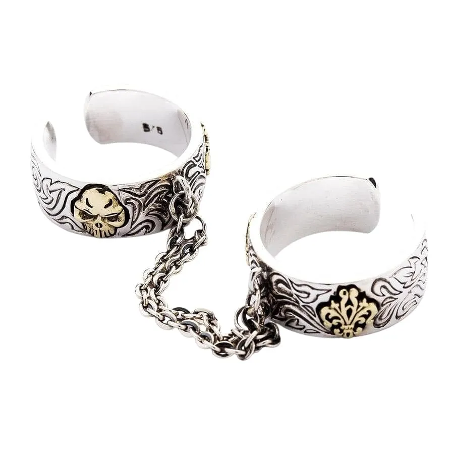 Chained Double Skull Sterling Silver Gothic Punk Ring