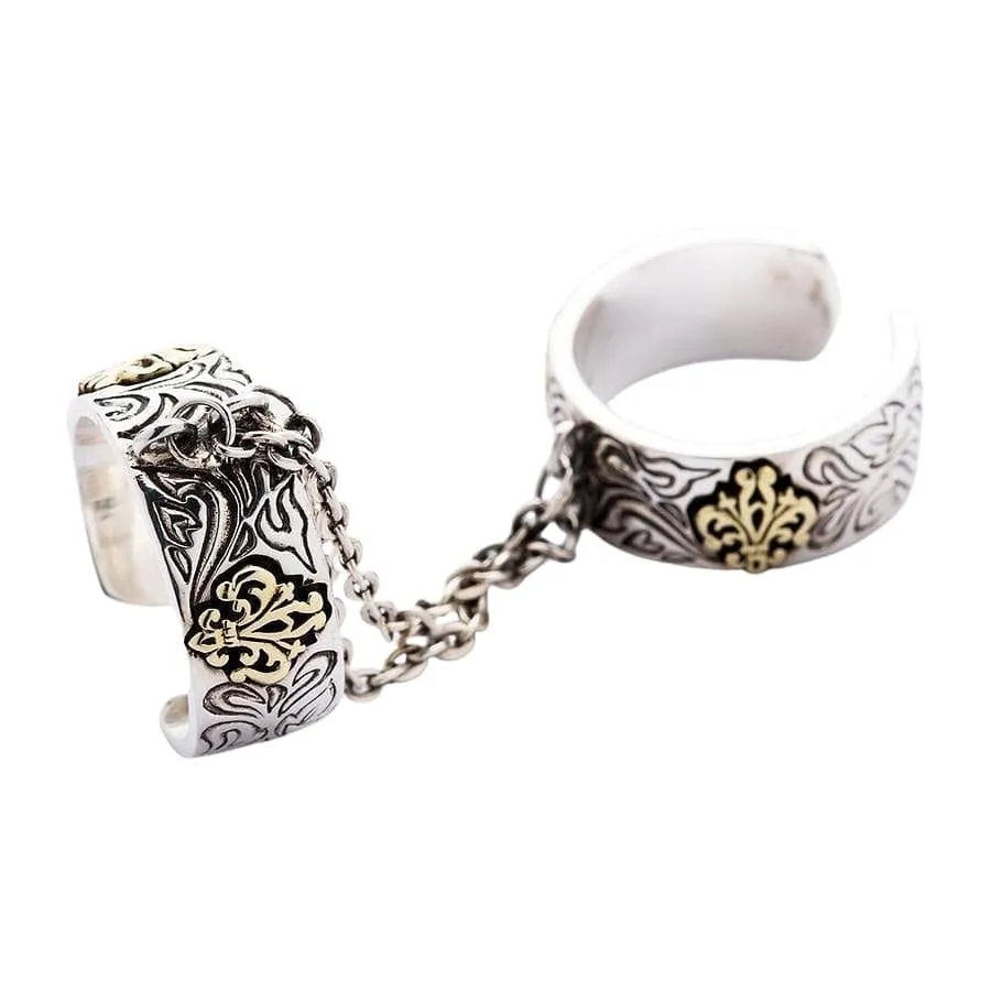 Chained Double Skull Sterling Silver Gothic Punk Ring