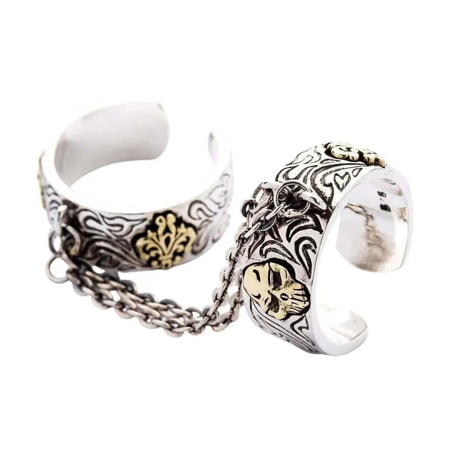 Chained Double Skull Sterling Silver Gothic Punk Ring