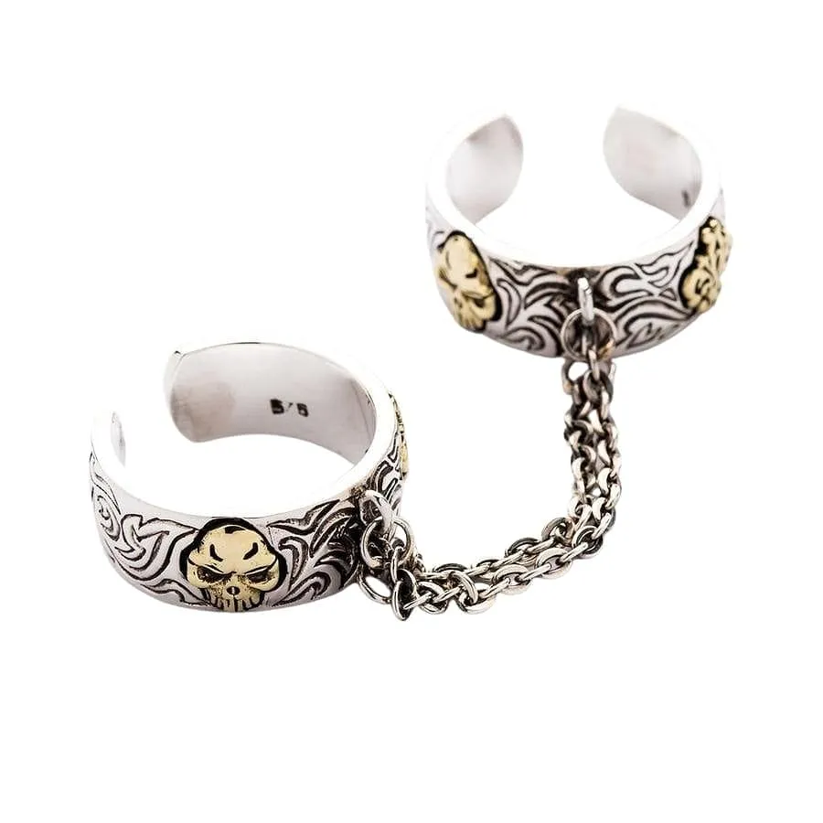 Chained Double Skull Sterling Silver Gothic Punk Ring