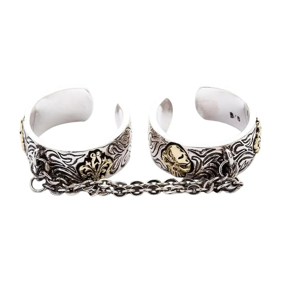 Chained Double Skull Sterling Silver Gothic Punk Ring