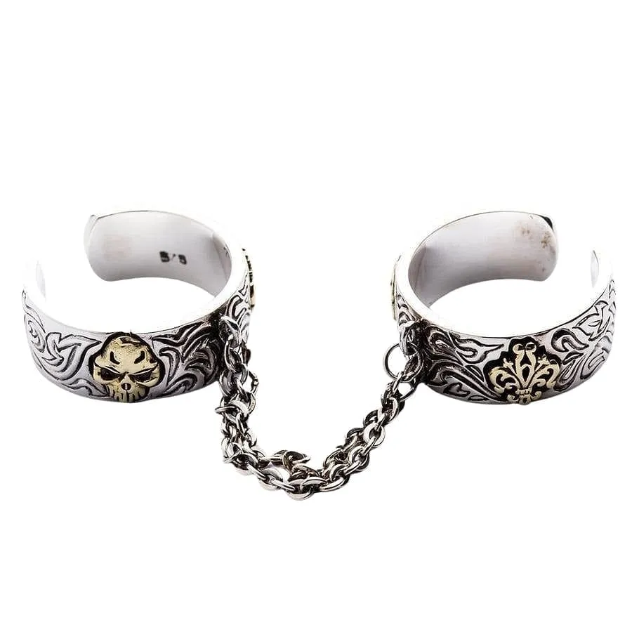 Chained Double Skull Sterling Silver Gothic Punk Ring