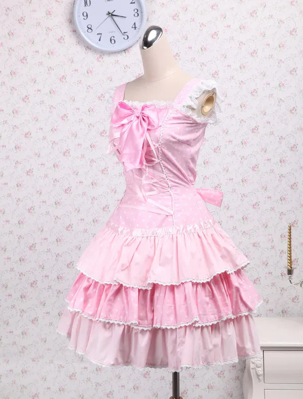 Cotton Pink Lace Front Ties Bow Sweet Lolita Dress