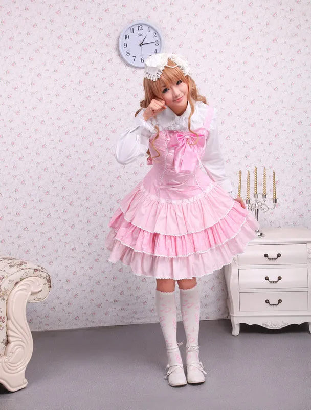 Cotton Pink Lace Front Ties Bow Sweet Lolita Dress