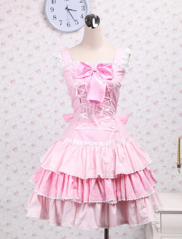 Cotton Pink Lace Front Ties Bow Sweet Lolita Dress