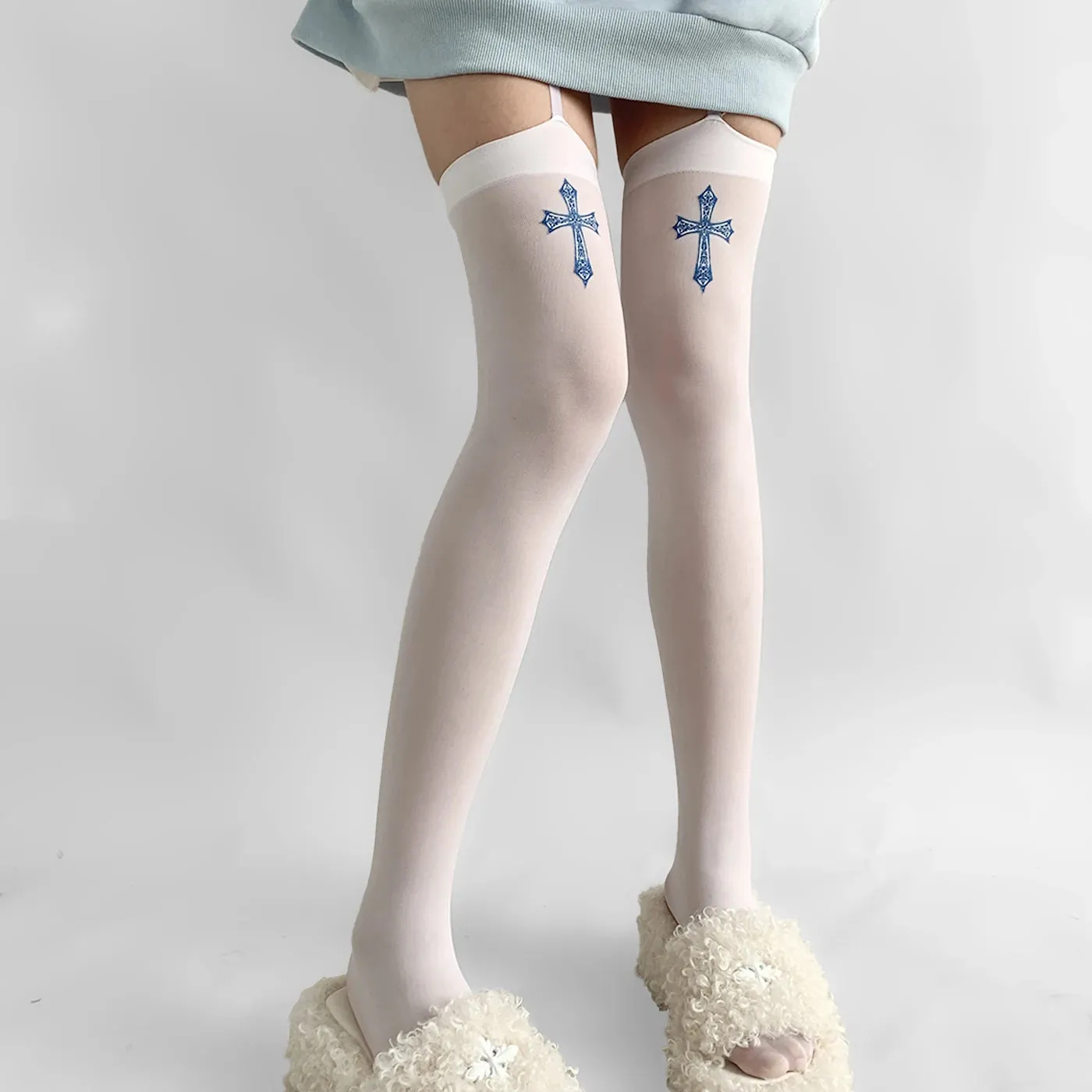 Cross Garter Gothic Thigh High Stockings – Sexy Lace Suspender Pantyhose for Women, Cosplay Tights, and Lingerie