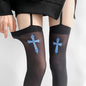 Cross Garter Gothic Thigh High Stockings – Sexy Lace Suspender Pantyhose for Women, Cosplay Tights, and Lingerie