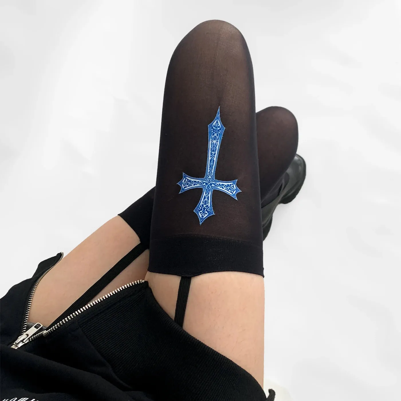 Cross Garter Gothic Thigh High Stockings – Sexy Lace Suspender Pantyhose for Women, Cosplay Tights, and Lingerie