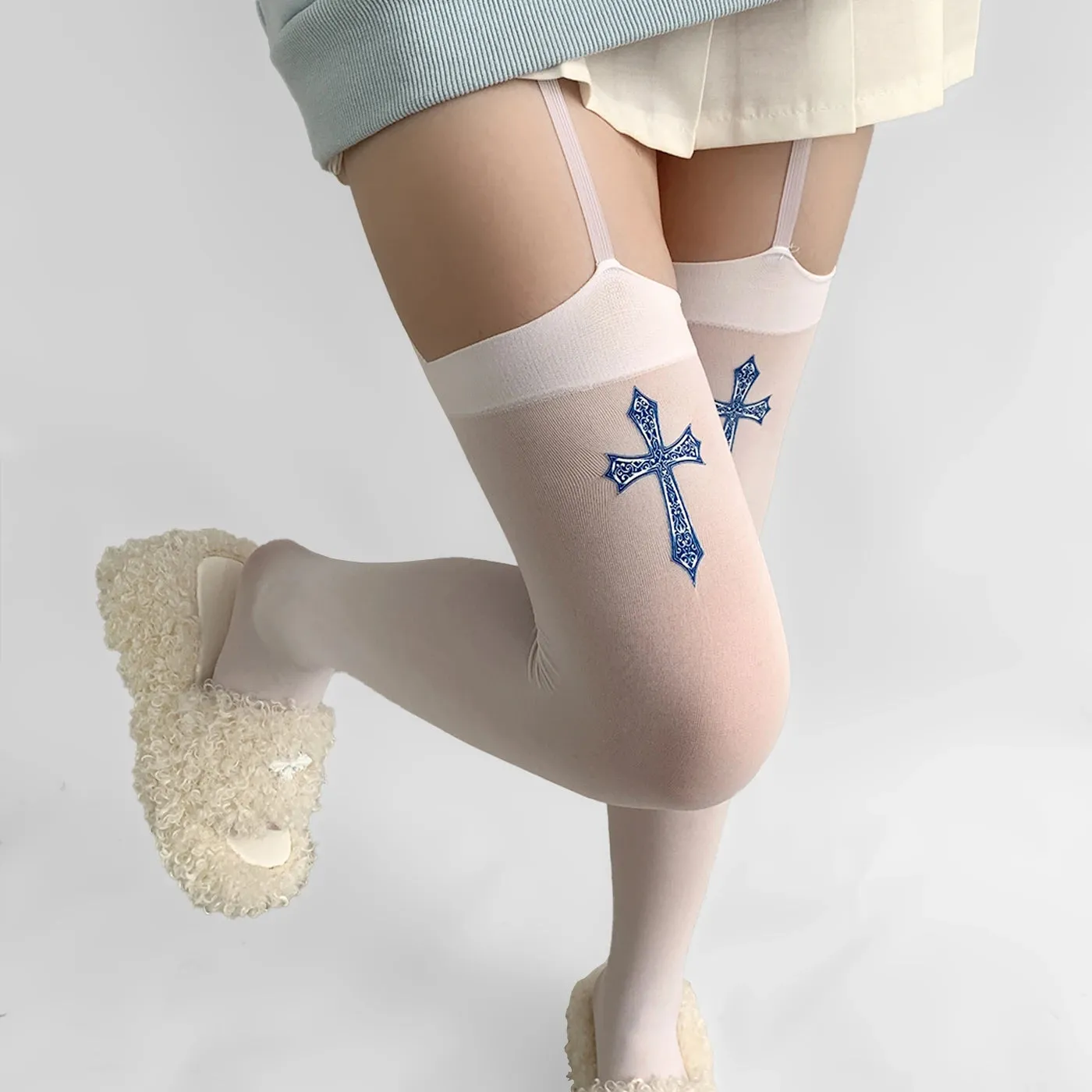 Cross Garter Gothic Thigh High Stockings – Sexy Lace Suspender Pantyhose for Women, Cosplay Tights, and Lingerie