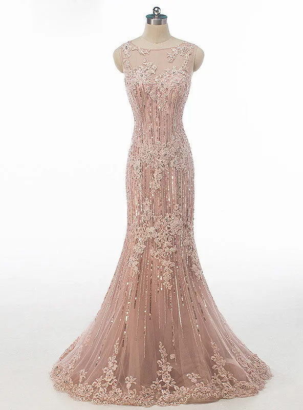 Crystal Sequined Lace Mermaid Evening Dress