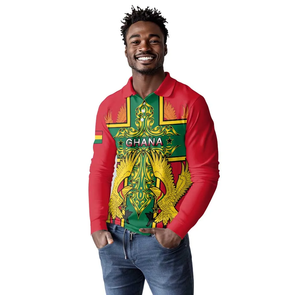 Custom Ghana Long Sleeve Polo Shirt with Cross of Saint George and Tawny Eagles LT01