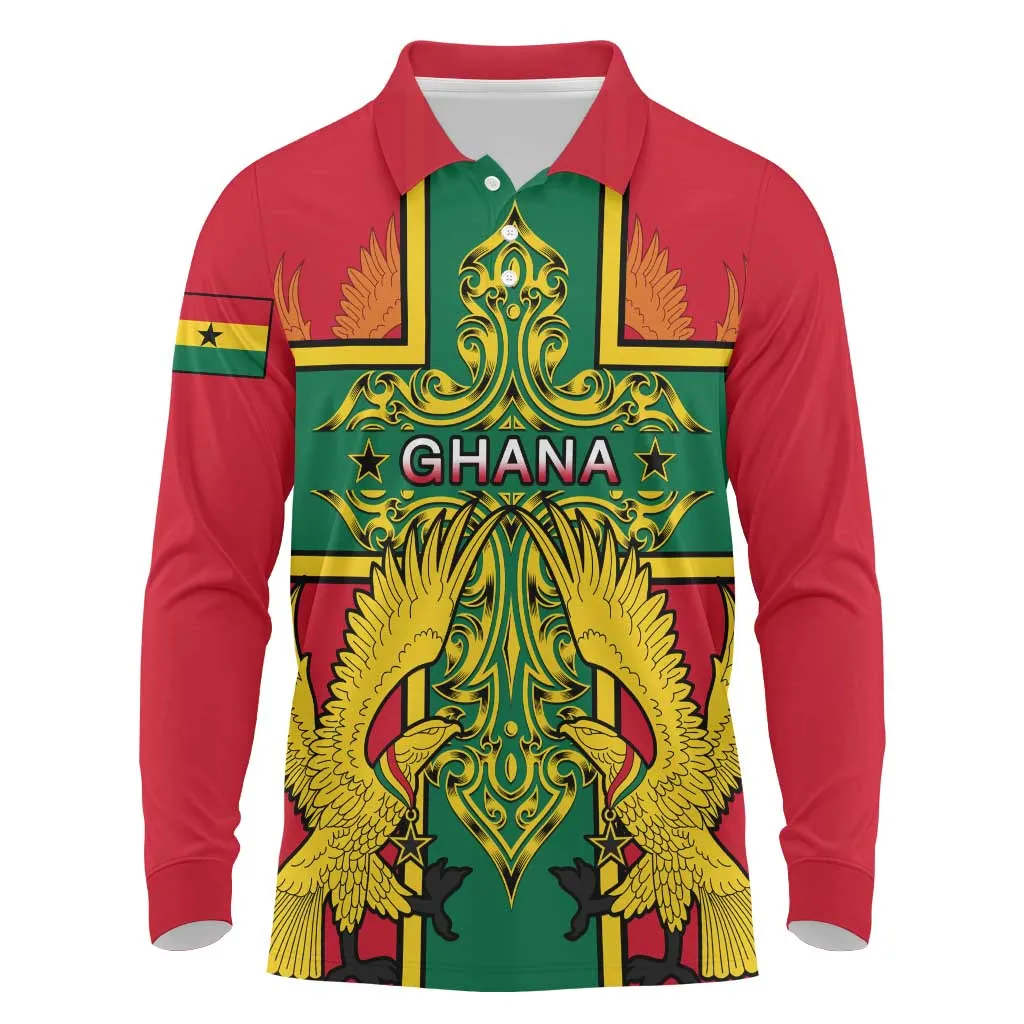 Custom Ghana Long Sleeve Polo Shirt with Cross of Saint George and Tawny Eagles LT01