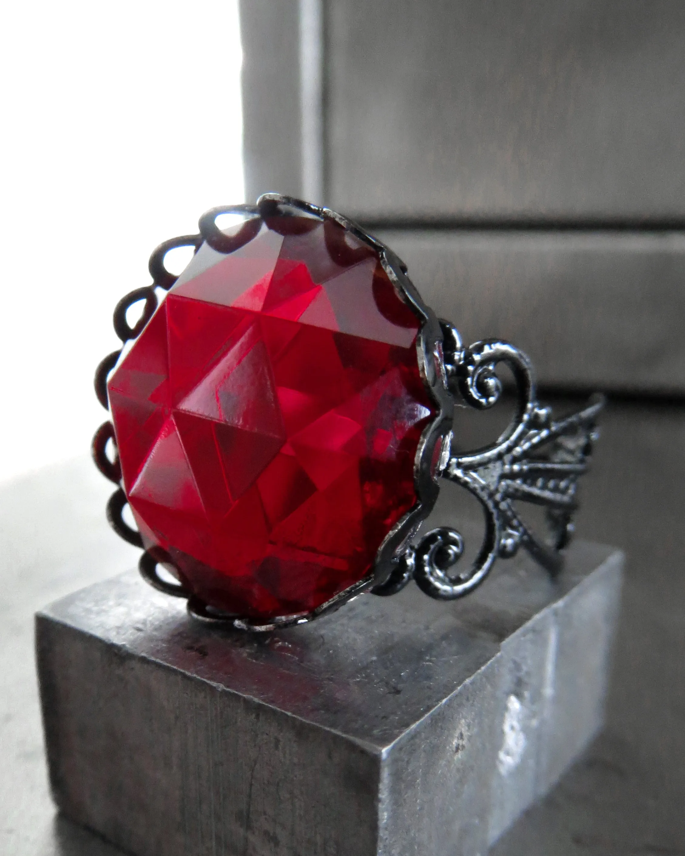 Deep Blood Red Gothic Halloween Ring - Black Filigree Band