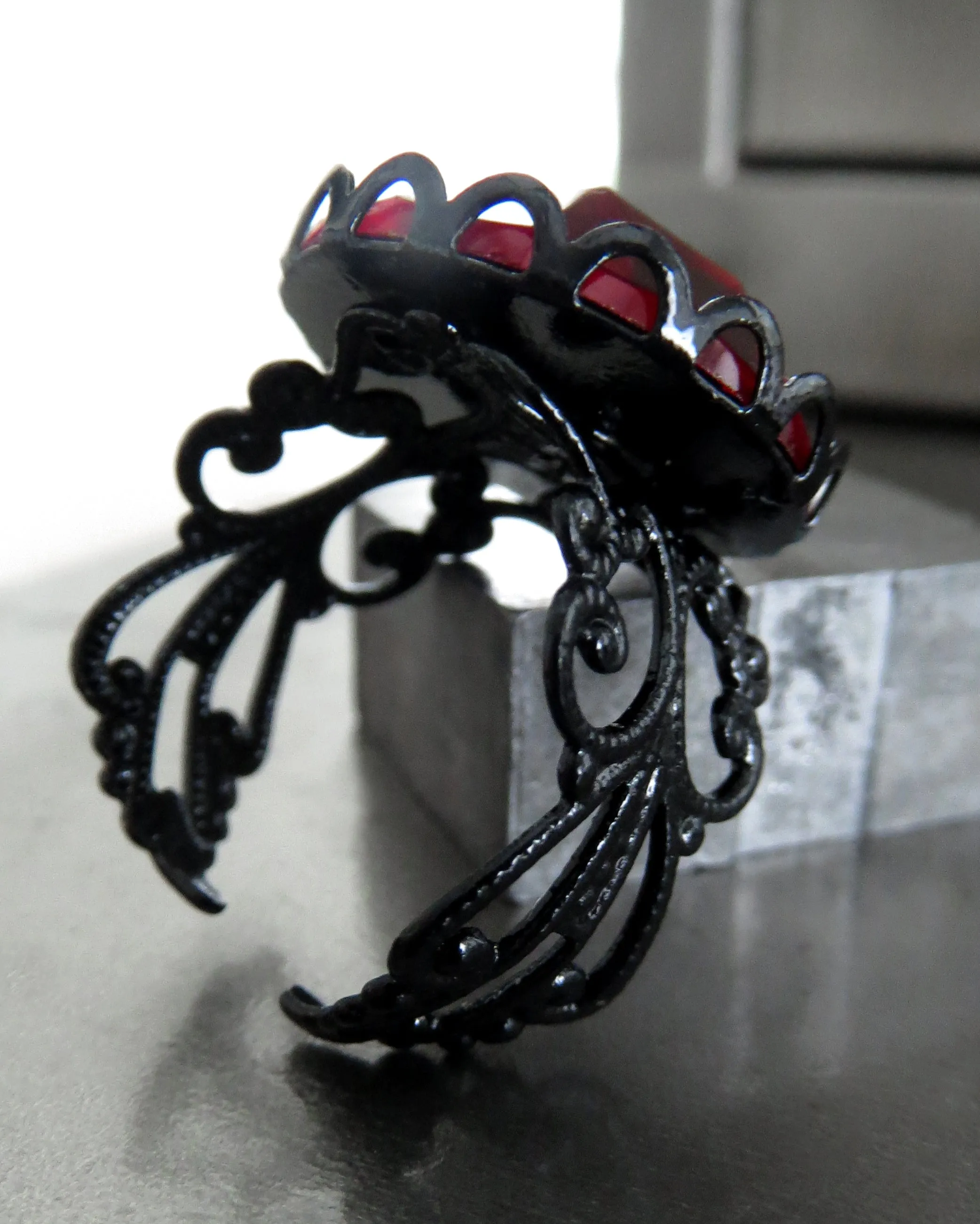 Deep Blood Red Gothic Halloween Ring - Black Filigree Band