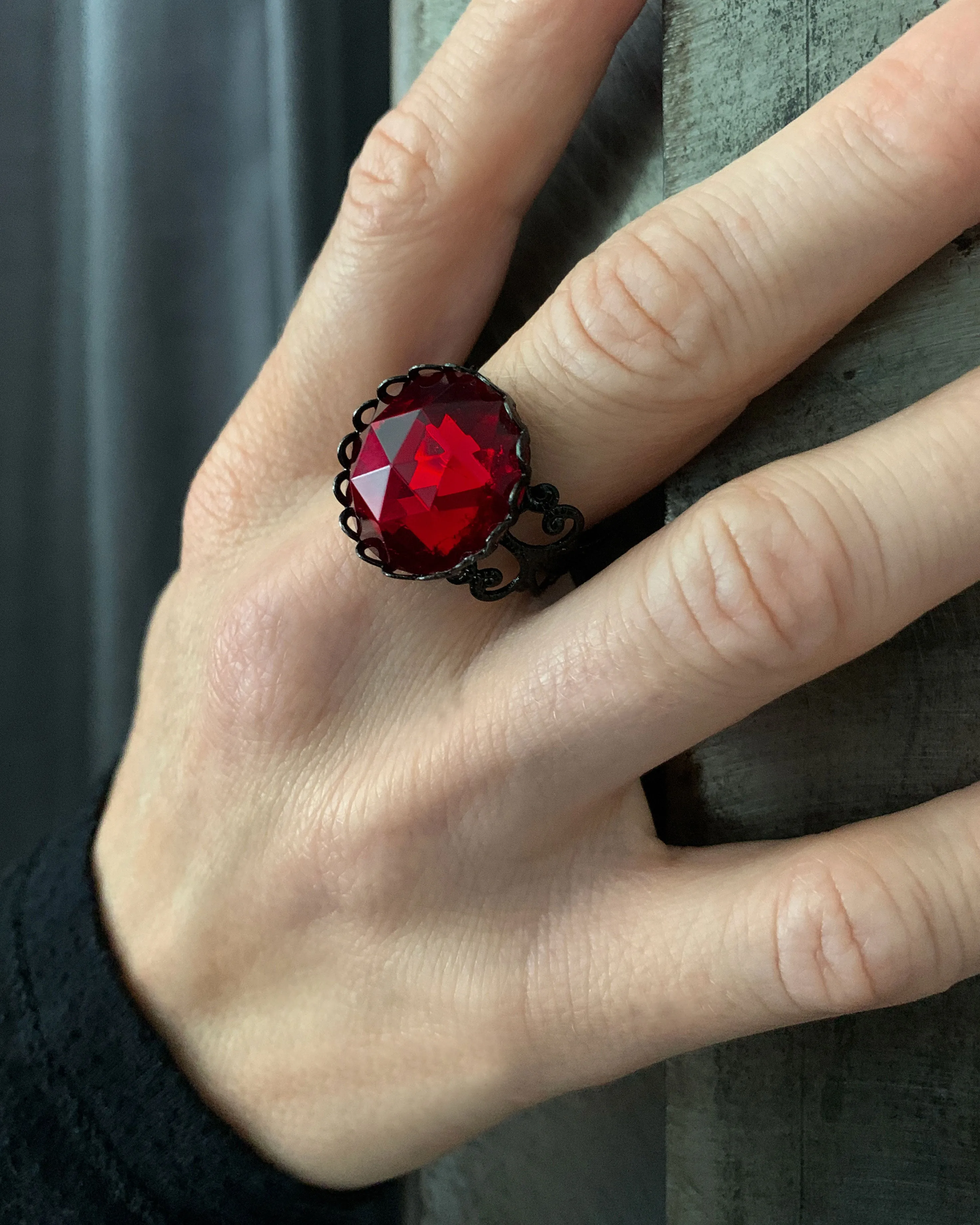 Deep Blood Red Gothic Halloween Ring - Black Filigree Band