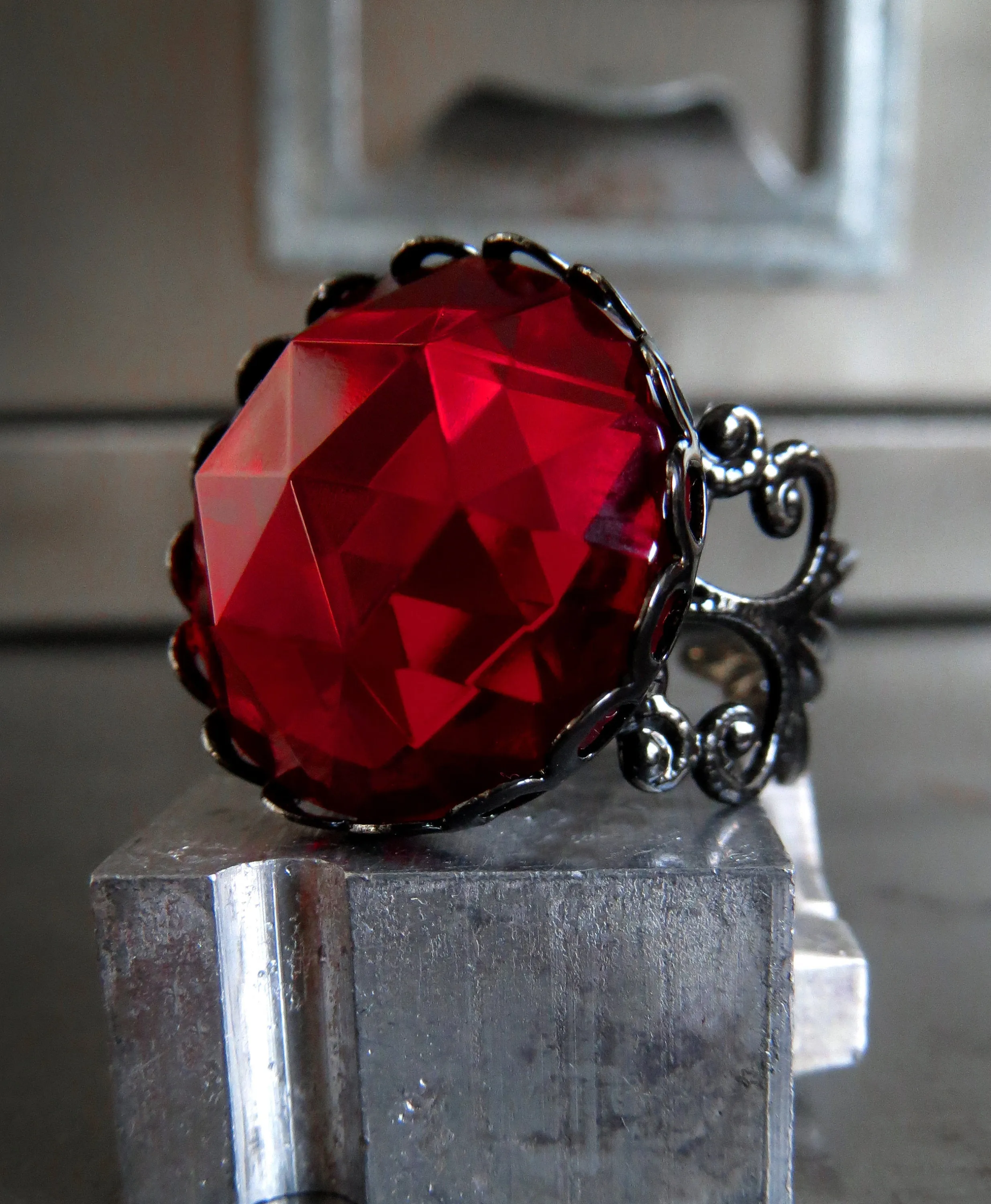 Deep Blood Red Gothic Halloween Ring - Black Filigree Band