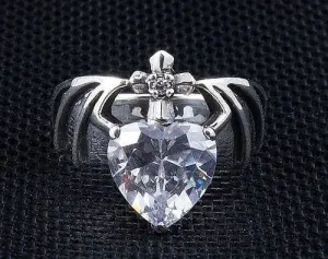 Diamond Heart Bat Wings 925 Sterling Silver Gothic Ring