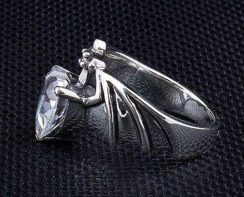 Diamond Heart Bat Wings 925 Sterling Silver Gothic Ring
