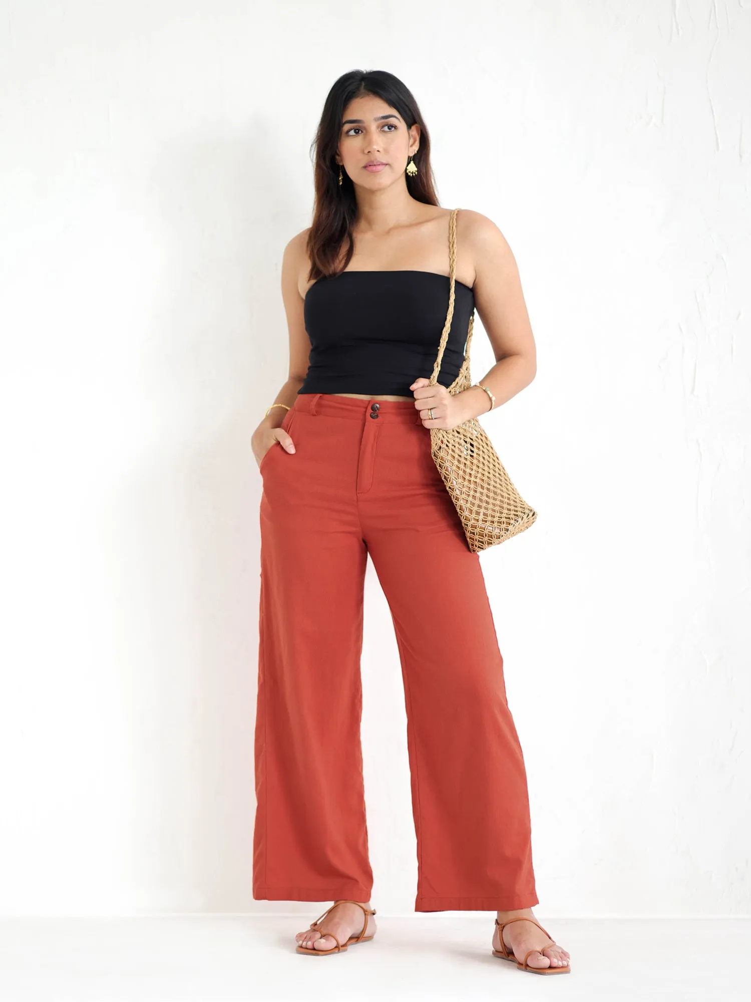 Double Button Detailed Linen Straight Leg Pant