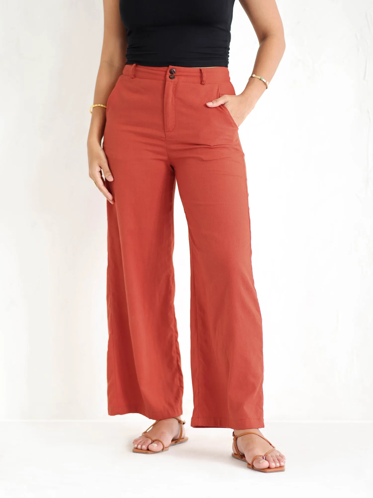 Double Button Detailed Linen Straight Leg Pant