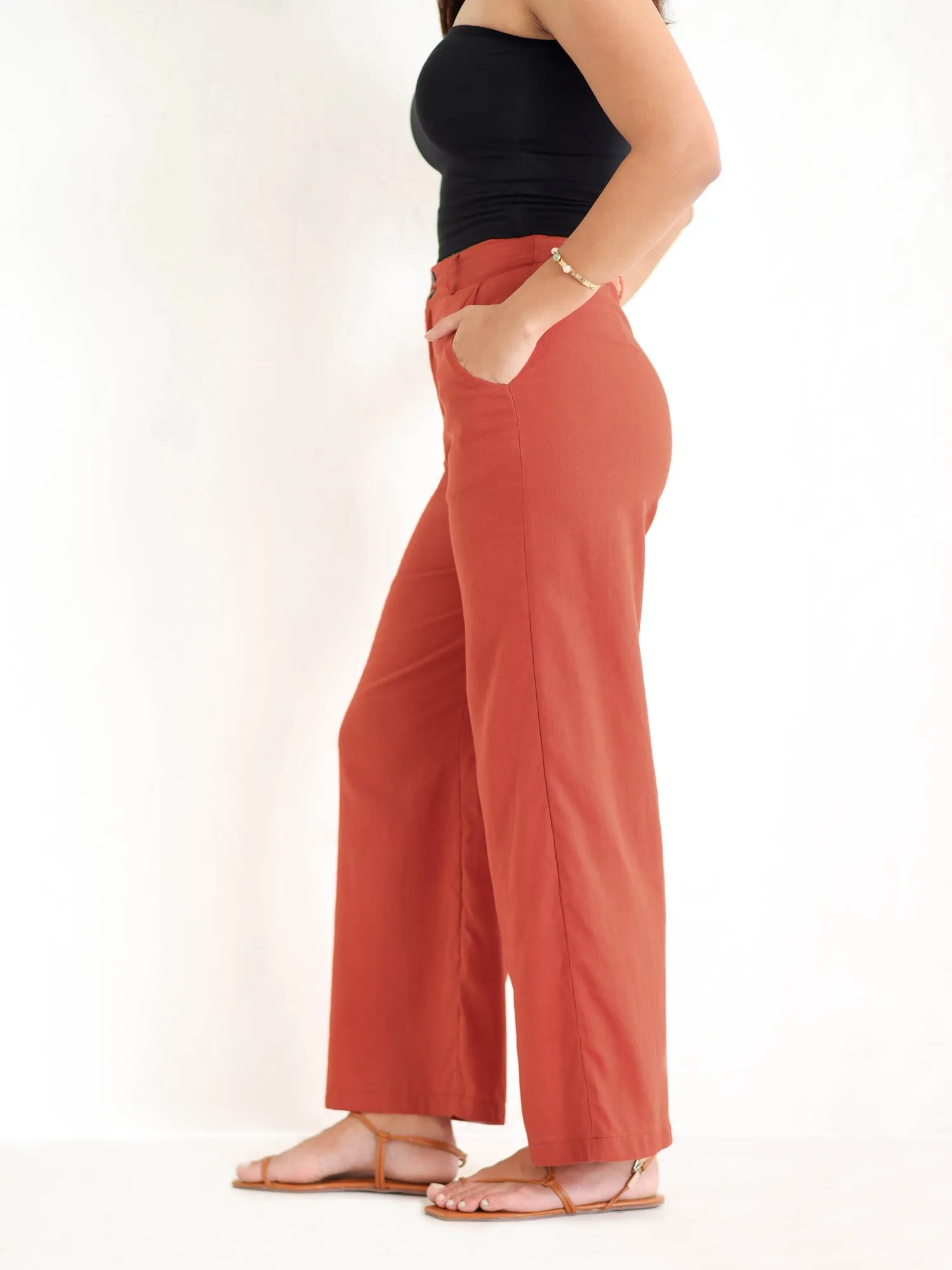 Double Button Detailed Linen Straight Leg Pant
