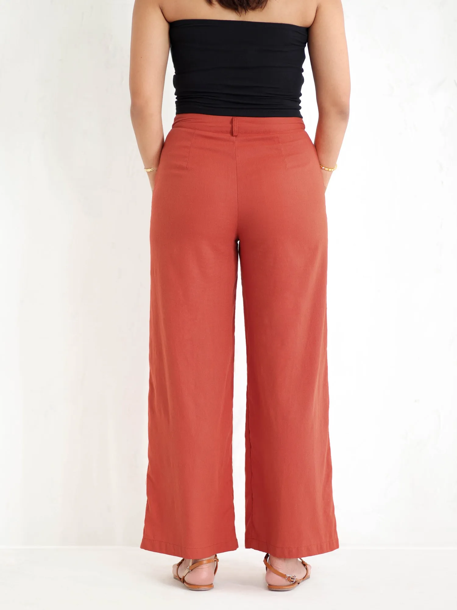 Double Button Detailed Linen Straight Leg Pant
