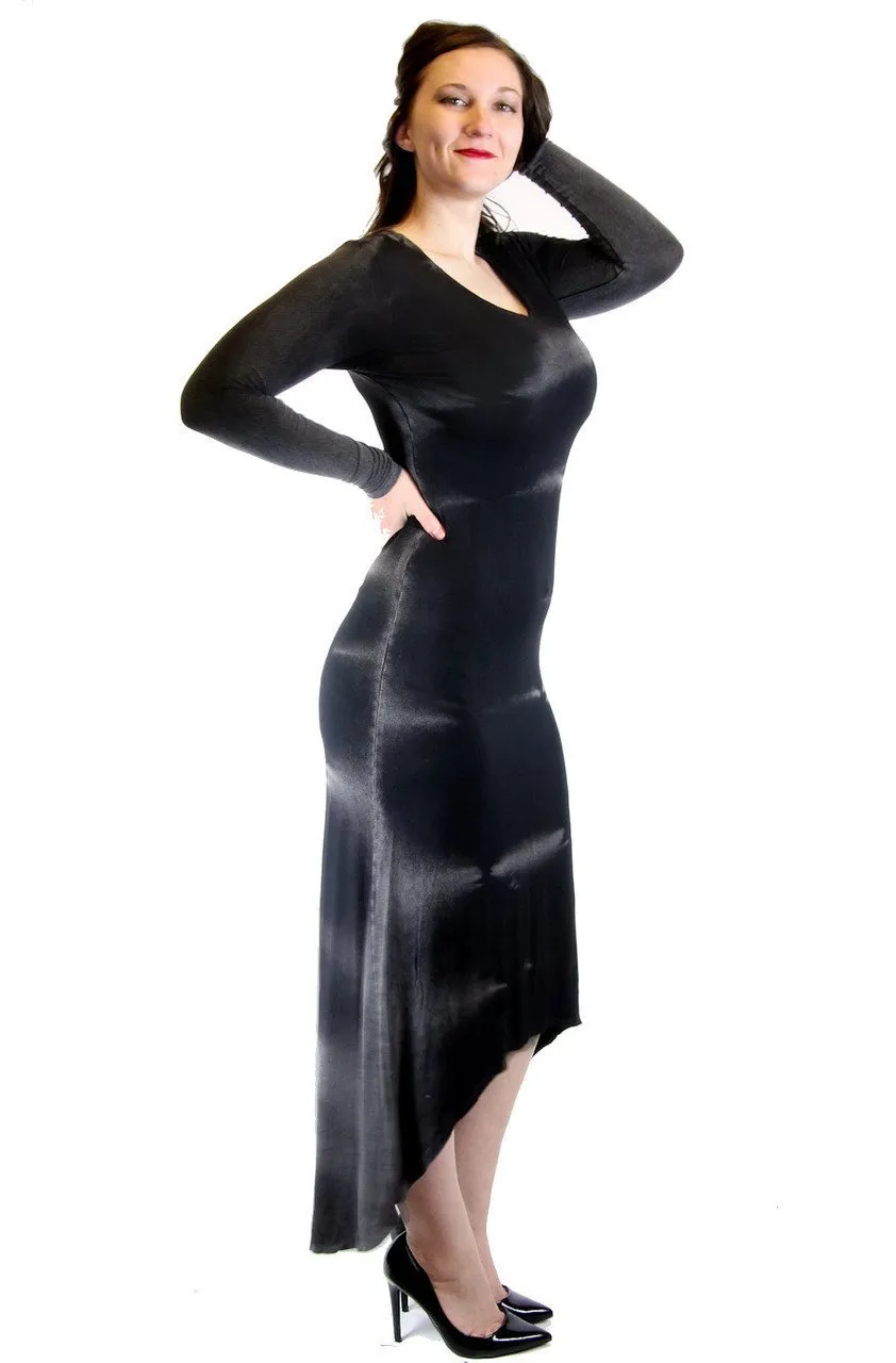 Elan Dress Women's Black Long High Low Distressed Rayon Knit Western Gothic Boho