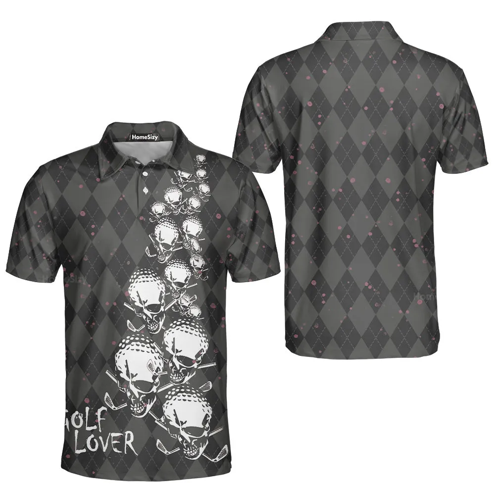 Elegant Argyle Pattern And Skull Golf Lover Polo Shirt, Black Skull Golf Shirt For Men QT210566La