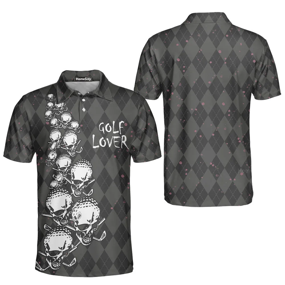 Elegant Argyle Pattern And Skull Golf Lover Polo Shirt V2, Black Skull Golf Shirt For Men QT307138