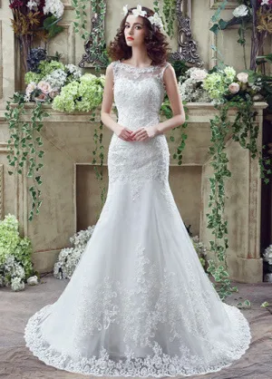Elegant Tulle Bateau Neckline Mermaid Wedding Dresses With Beaded Lace Appliques