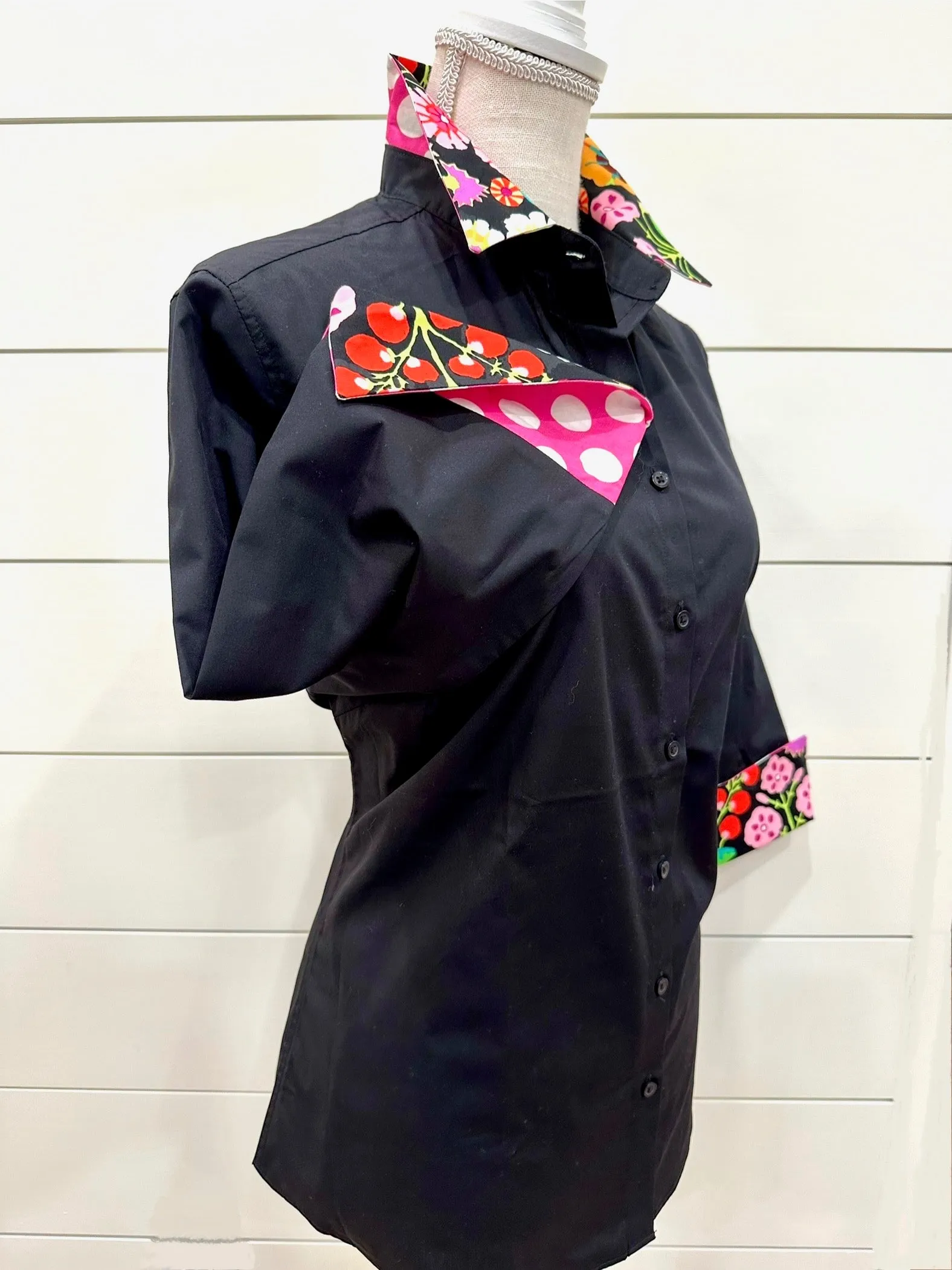 Elizabeth 3/4 Sleeve  - Black w Black Floral & Pink Polka Dots (3425)
