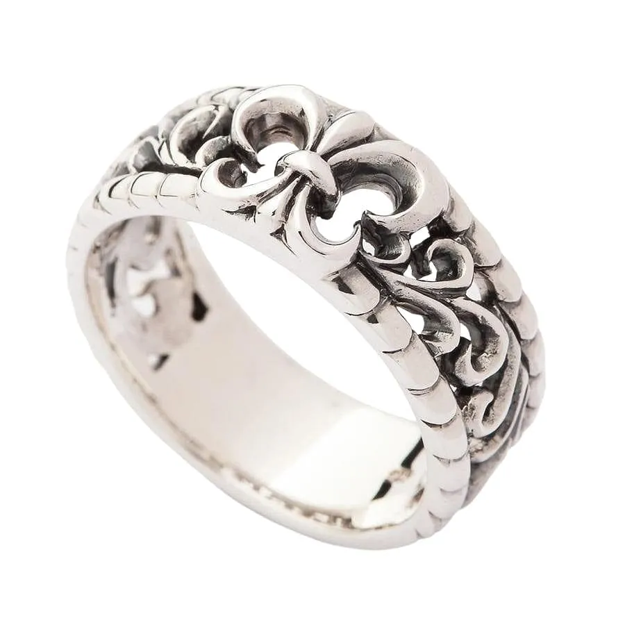 Fleur De Lis Sterling Silver Gothic Band Ring