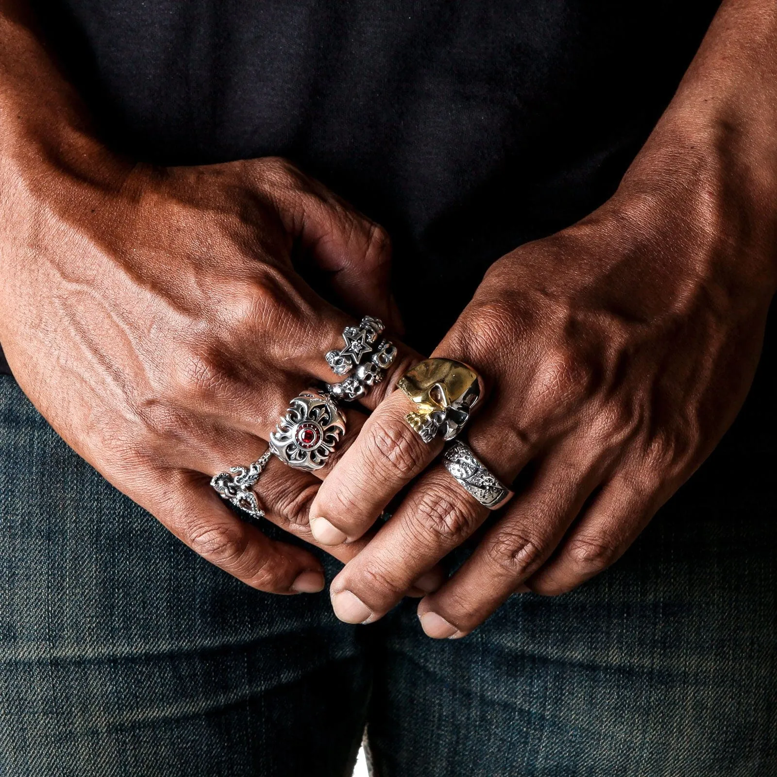Garnet Tribal Cross Sterling Silver Ring