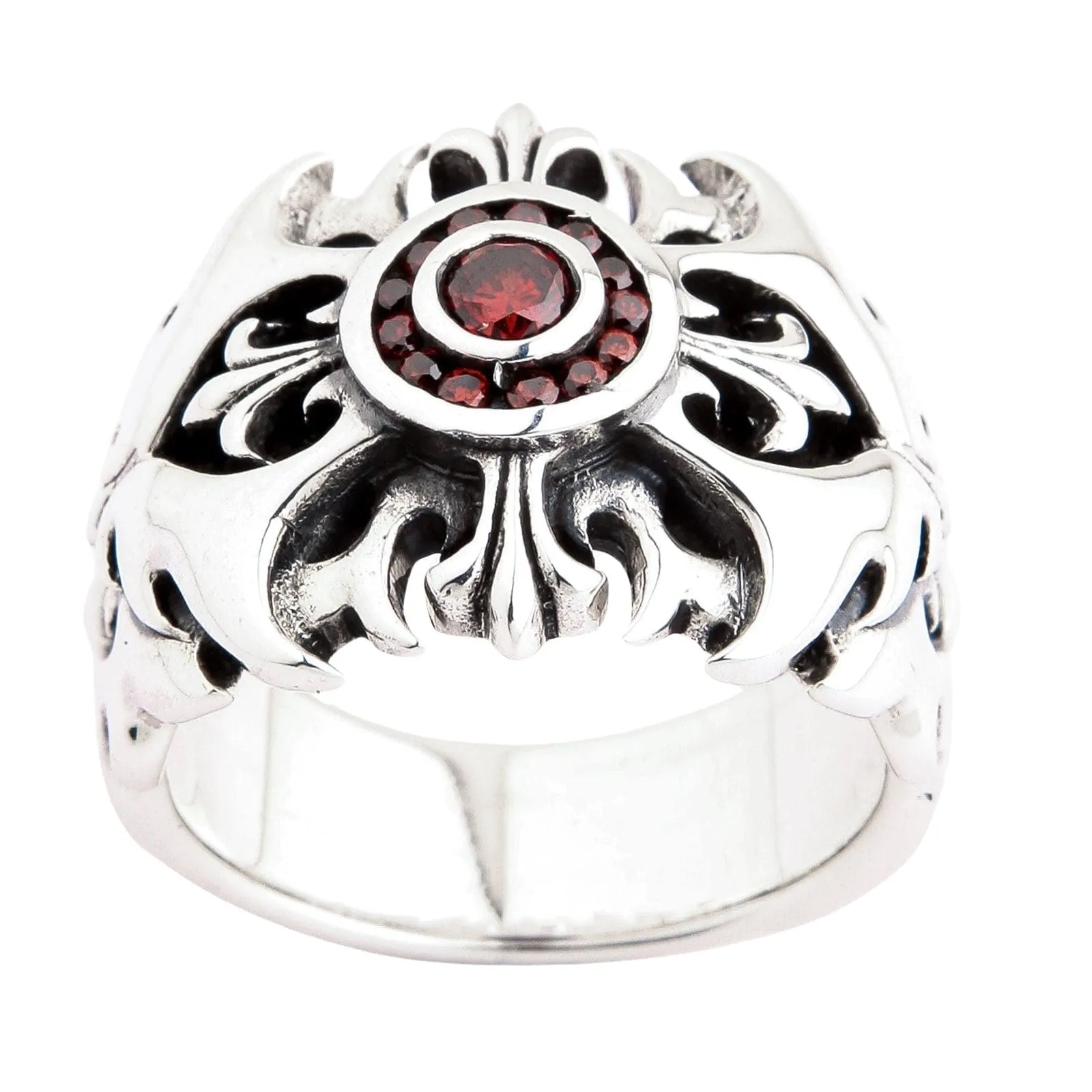 Garnet Tribal Cross Sterling Silver Ring