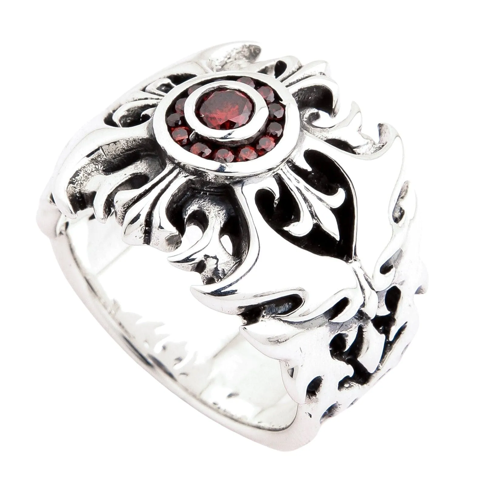 Garnet Tribal Cross Sterling Silver Ring