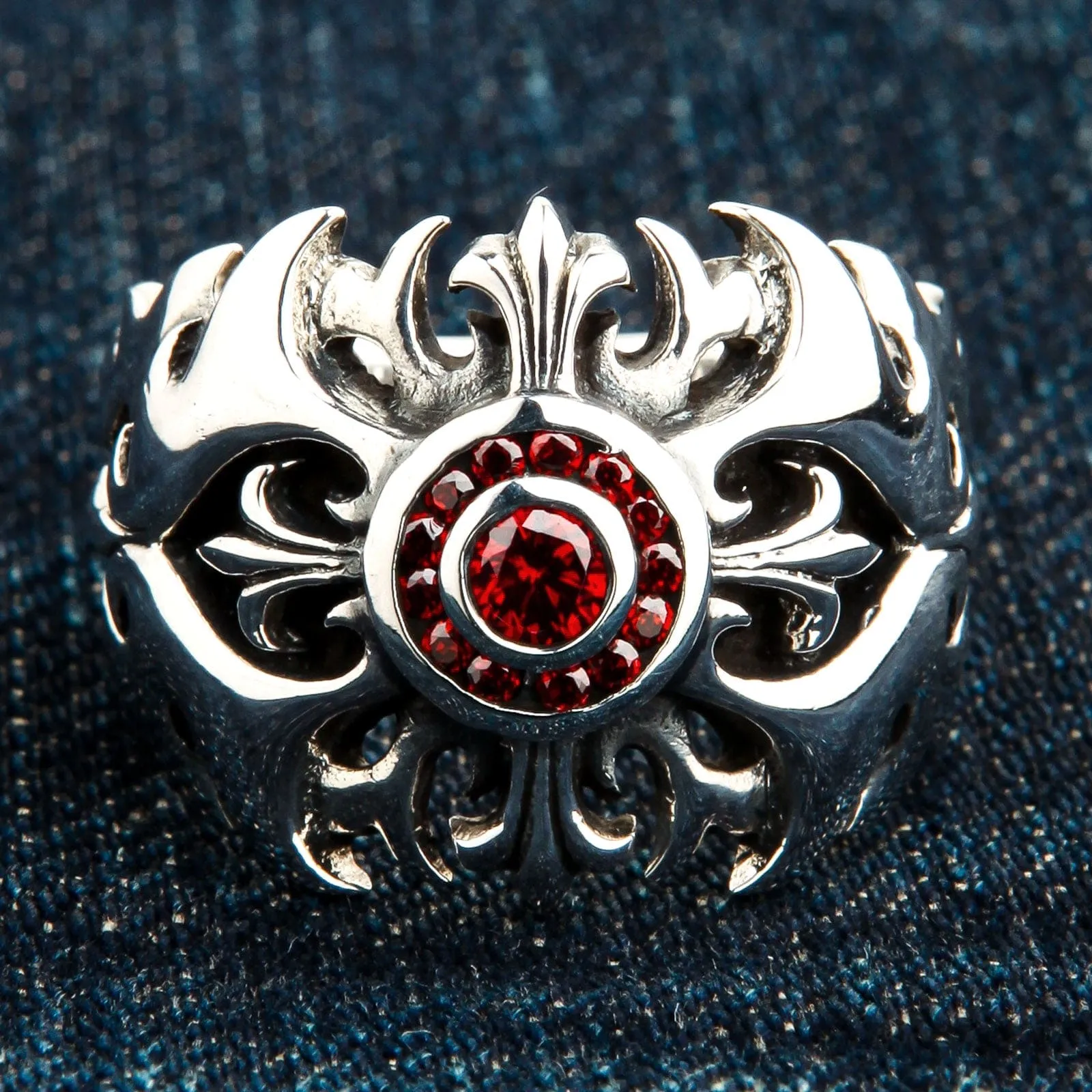 Garnet Tribal Cross Sterling Silver Ring