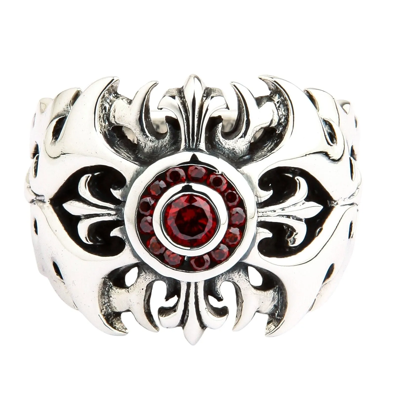 Garnet Tribal Cross Sterling Silver Ring