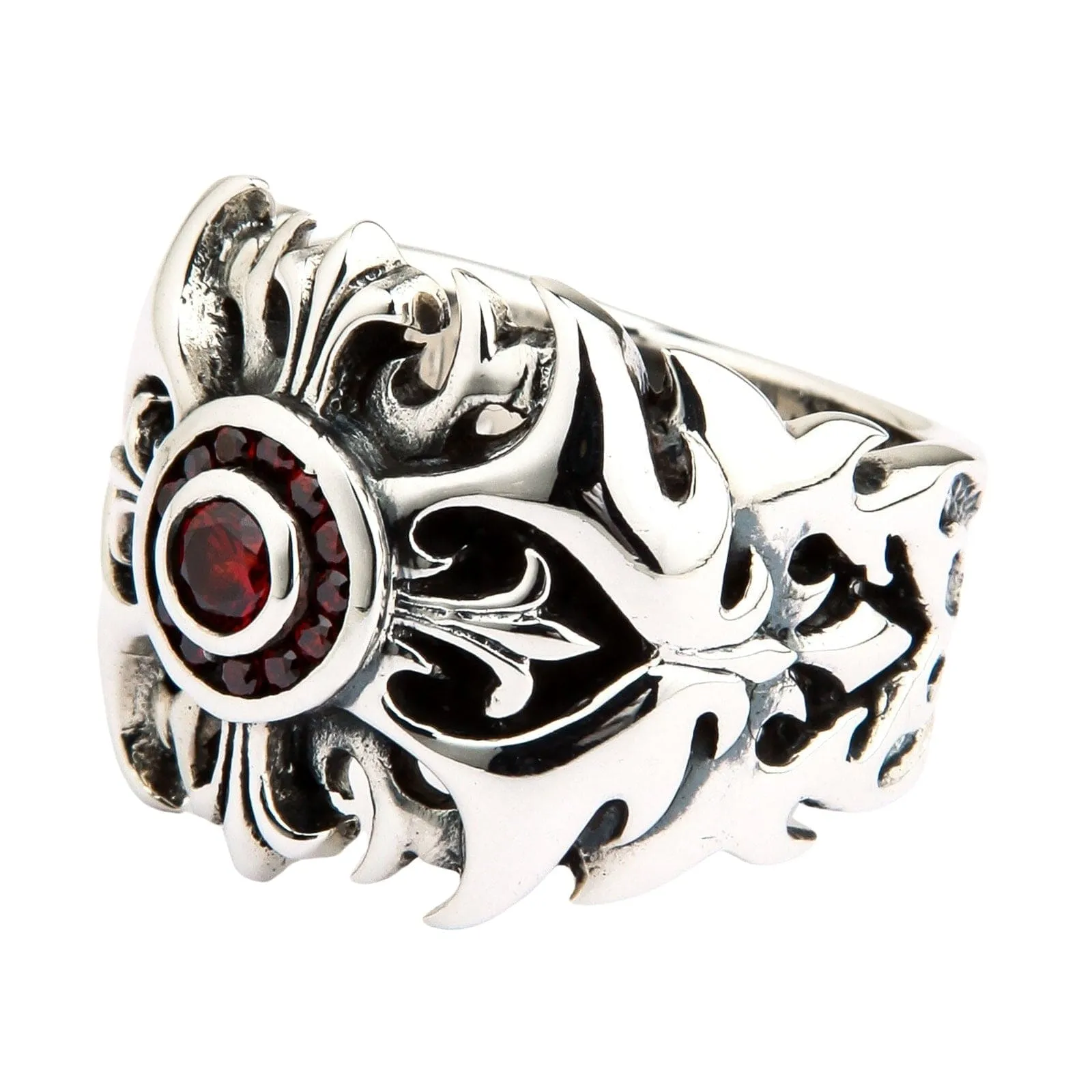 Garnet Tribal Cross Sterling Silver Ring