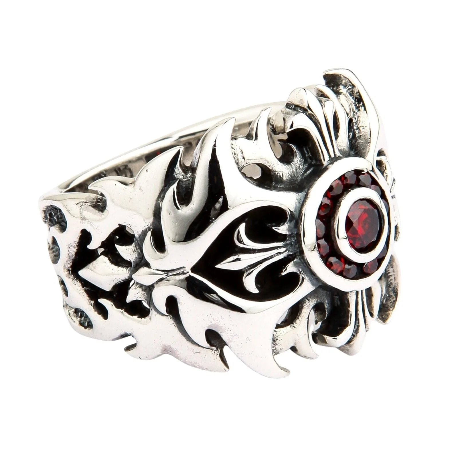 Garnet Tribal Cross Sterling Silver Ring