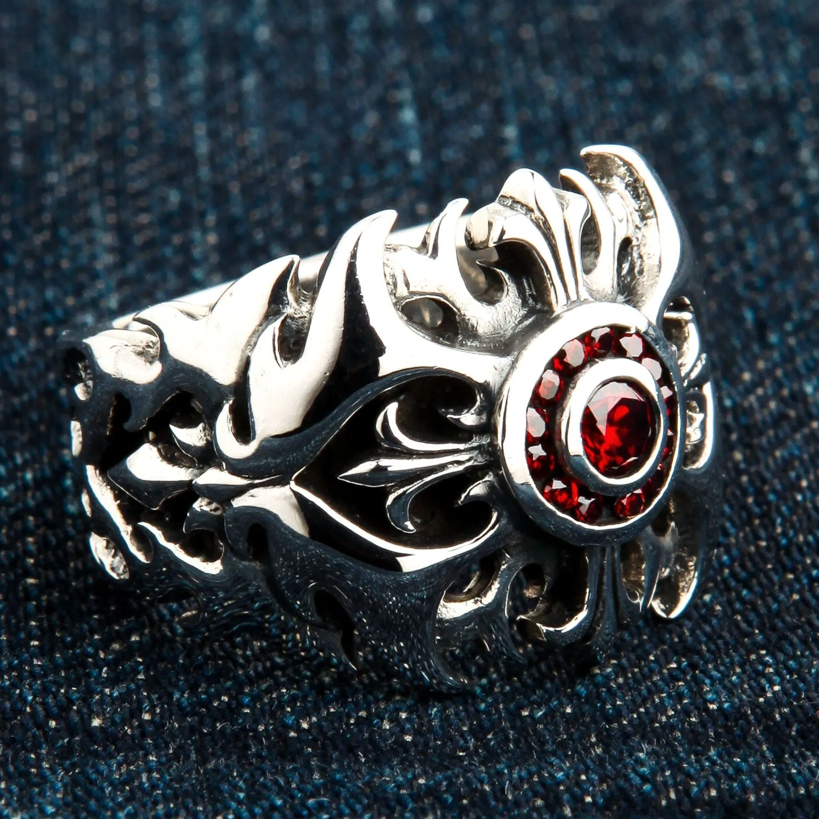 Garnet Tribal Cross Sterling Silver Ring