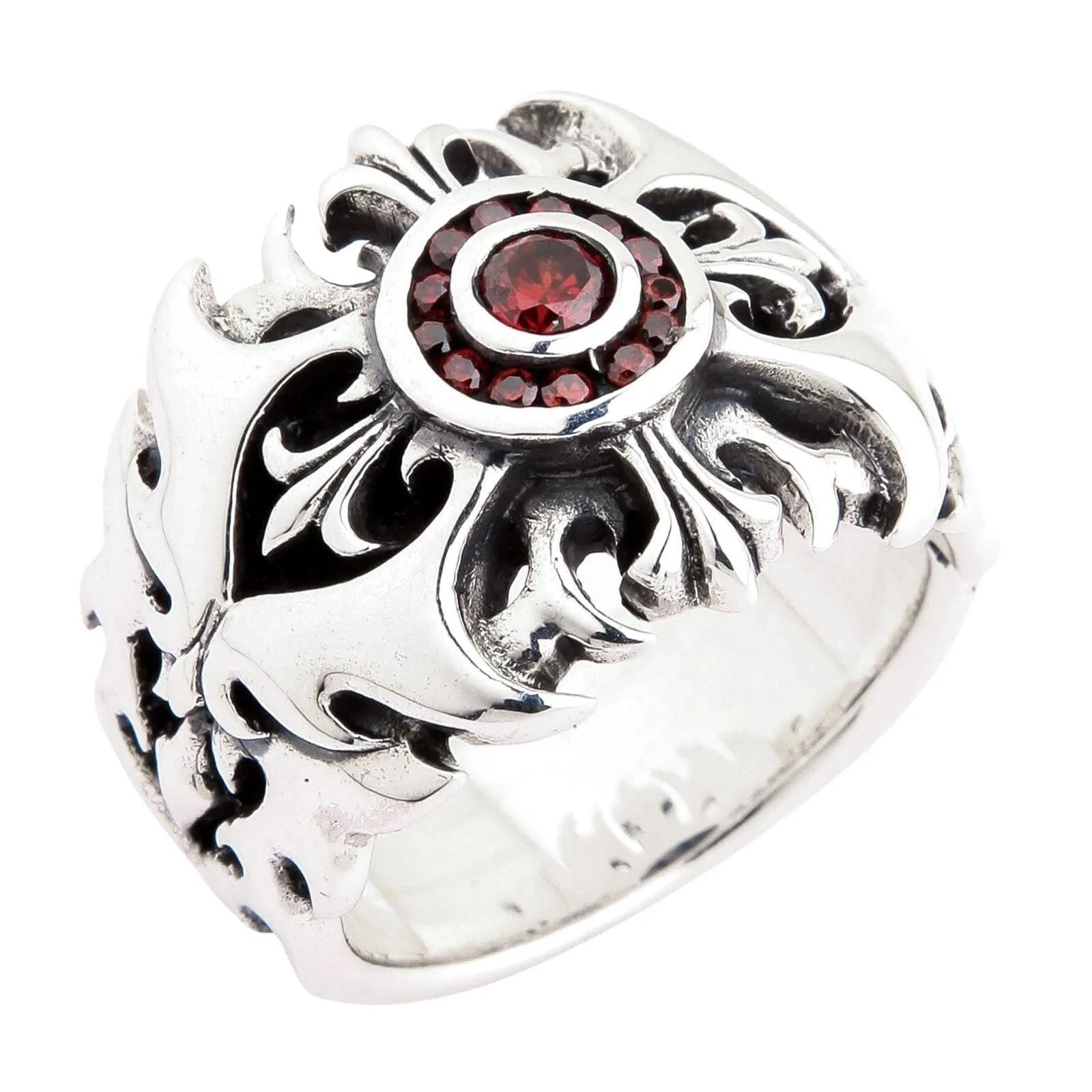 Garnet Tribal Cross Sterling Silver Ring