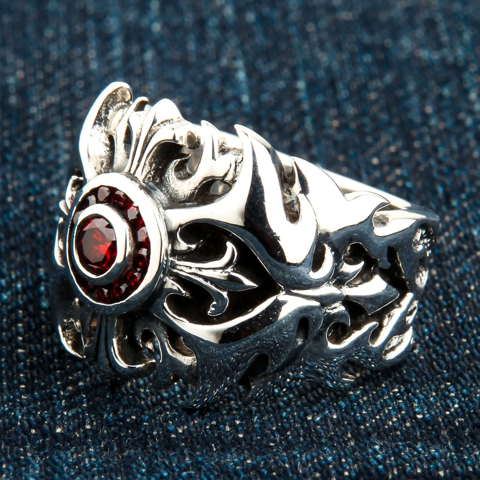 Garnet Tribal Cross Sterling Silver Ring
