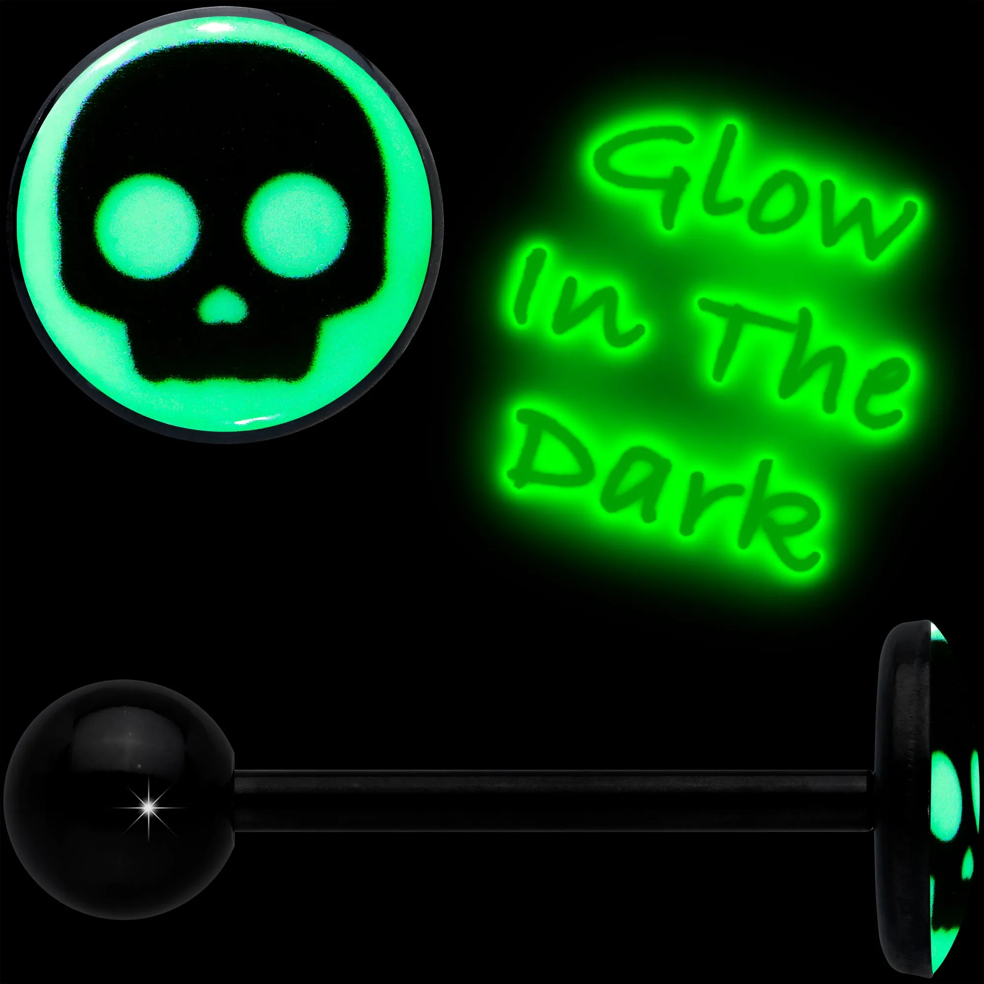 Glow in the Dark Black Anodized Simple Skull Barbell Tongue Ring