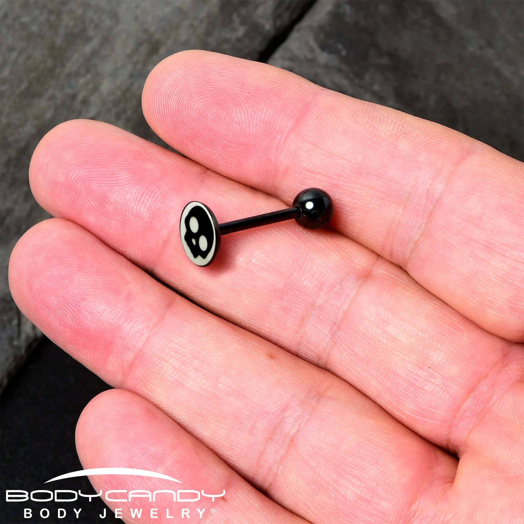 Glow in the Dark Black Anodized Simple Skull Barbell Tongue Ring