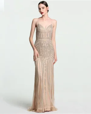 Gold Straps Mermaid Diamond Evening Dress