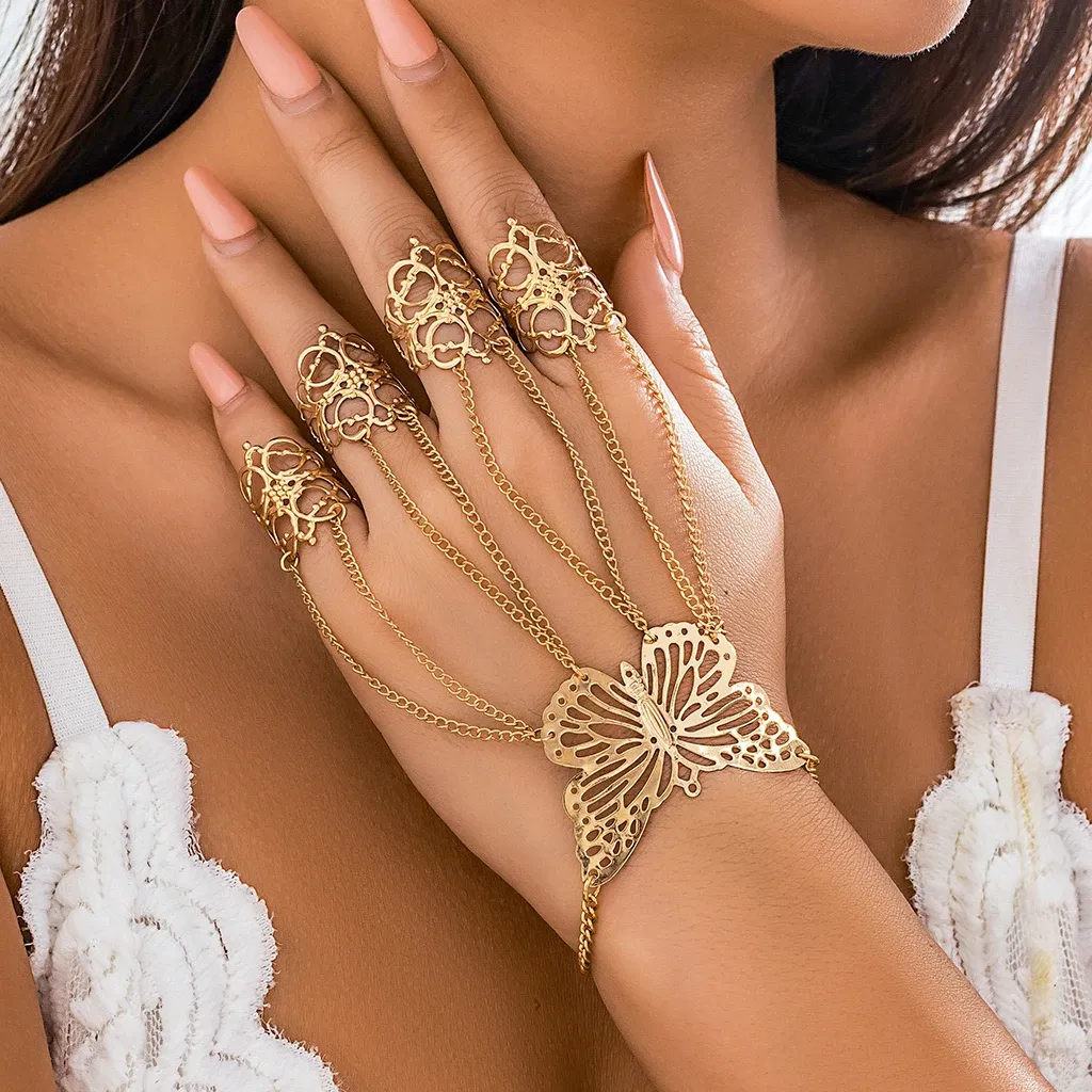 Goth Gypsy Ethnic Big Hollow Butterfly Wrist Chain Finger Rings