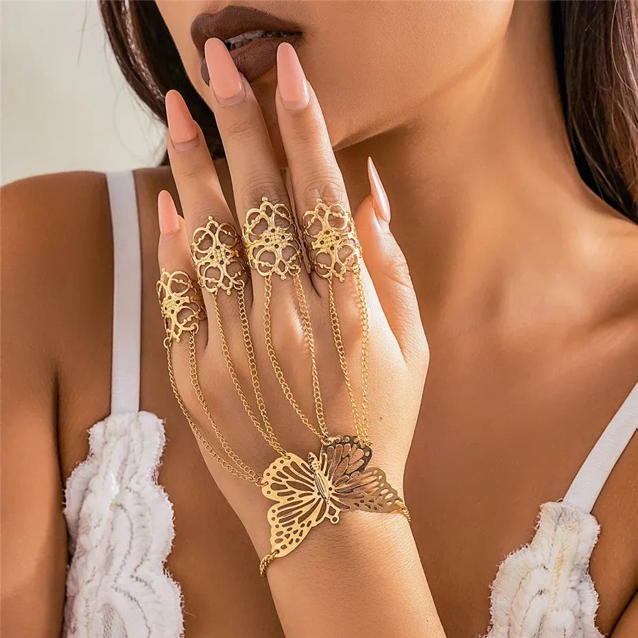 Goth Gypsy Ethnic Big Hollow Butterfly Wrist Chain Finger Rings