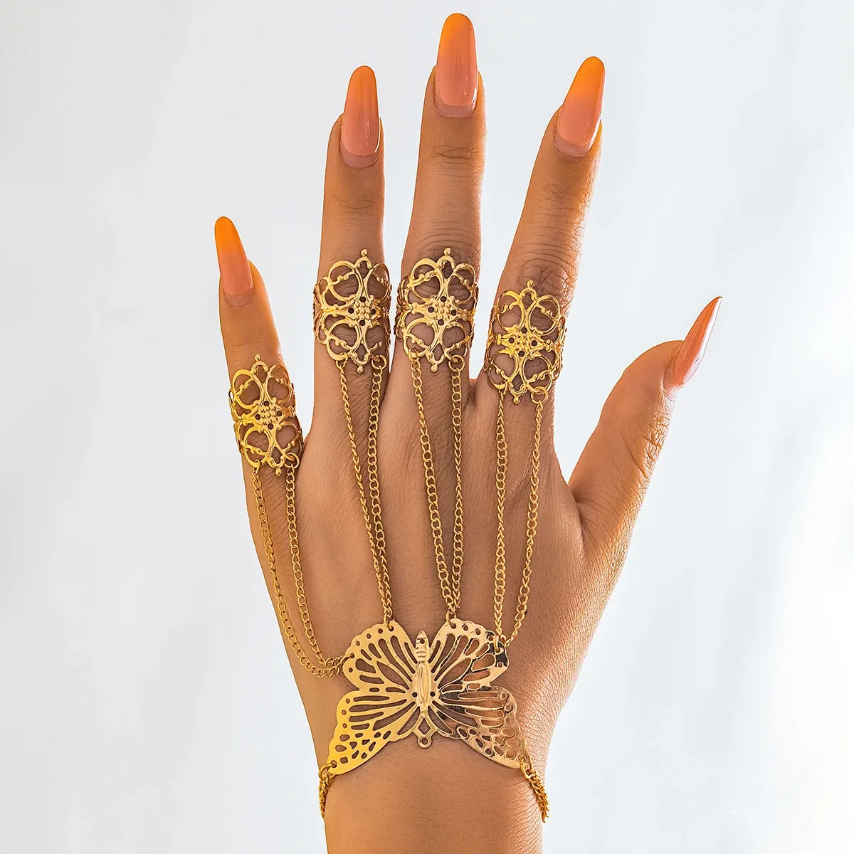 Goth Gypsy Ethnic Big Hollow Butterfly Wrist Chain Finger Rings