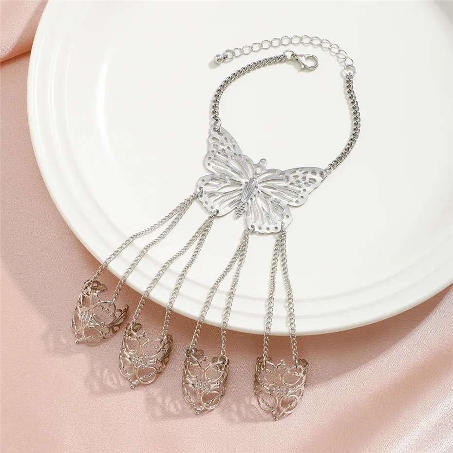 Goth Gypsy Ethnic Big Hollow Butterfly Wrist Chain Finger Rings