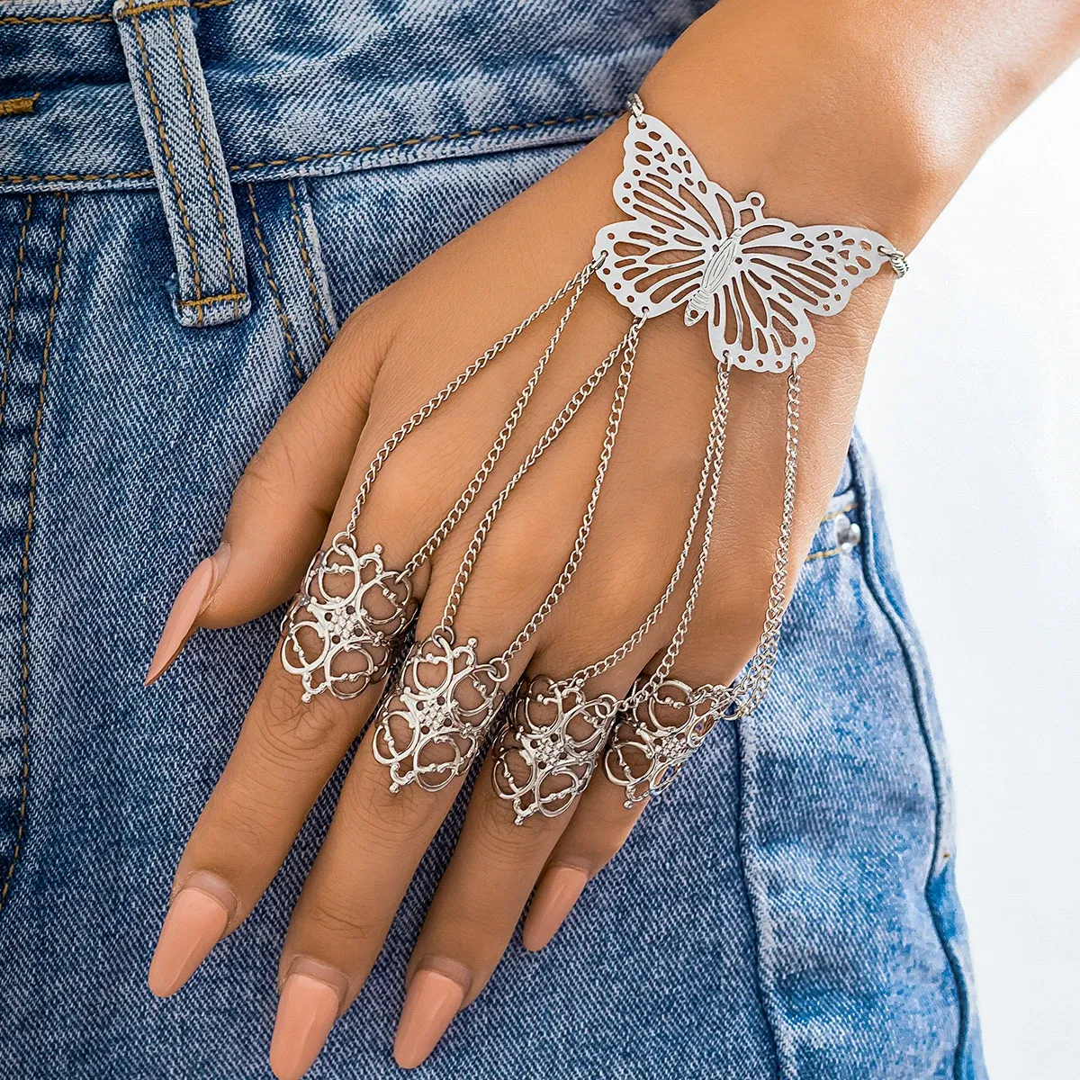 Goth Gypsy Ethnic Big Hollow Butterfly Wrist Chain Finger Rings